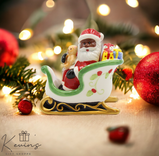 Ceramic Christmas African American Santa Riding Sleigh Salt And Pepper Shakers Home Décor Gift for Her Gift for Mom
