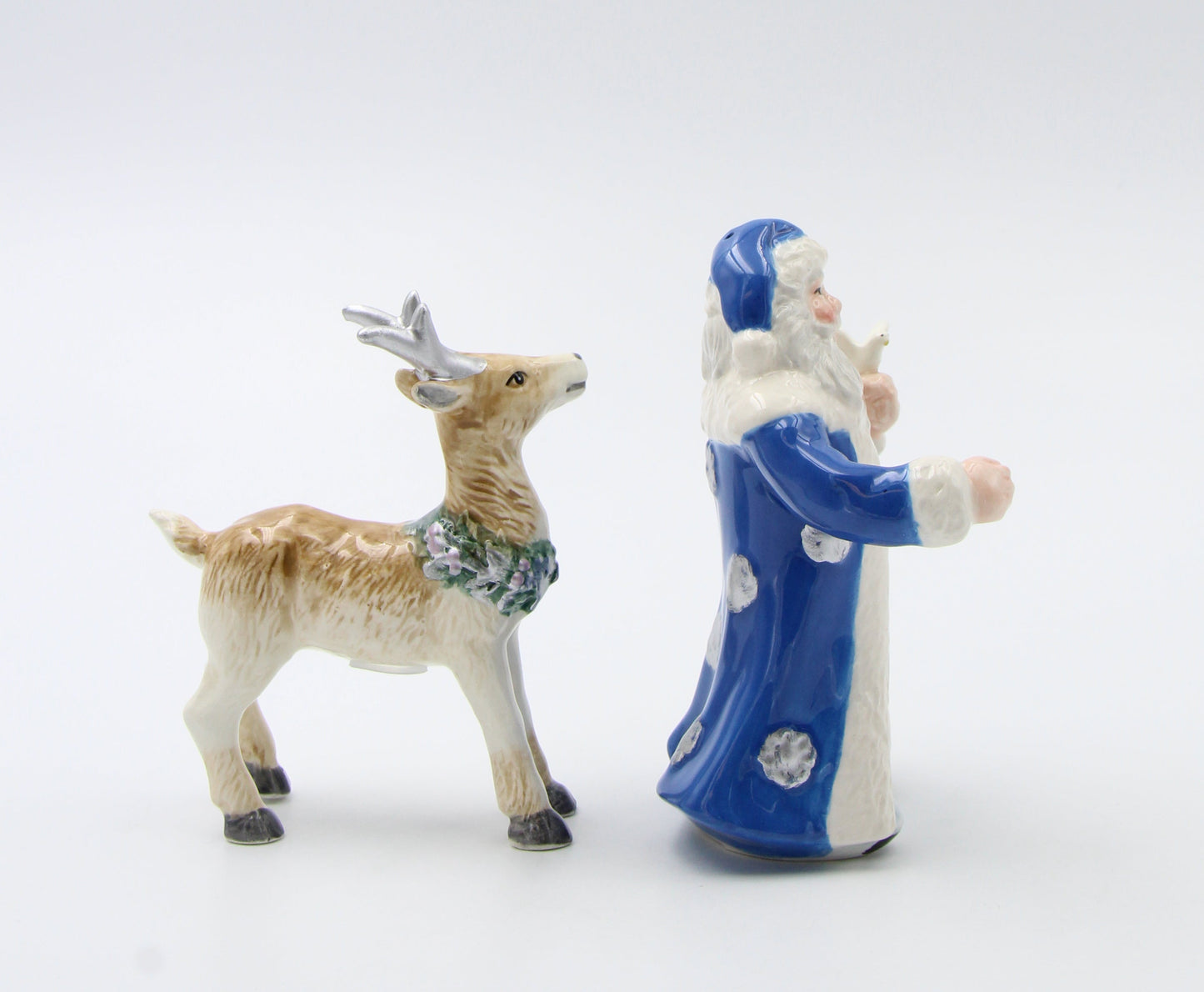 Ceramic Christmas Blue Santa Claus with Reindeer Salt and Pepper Shakers Home Décor Gift for Her Gift for Mom Kitchen