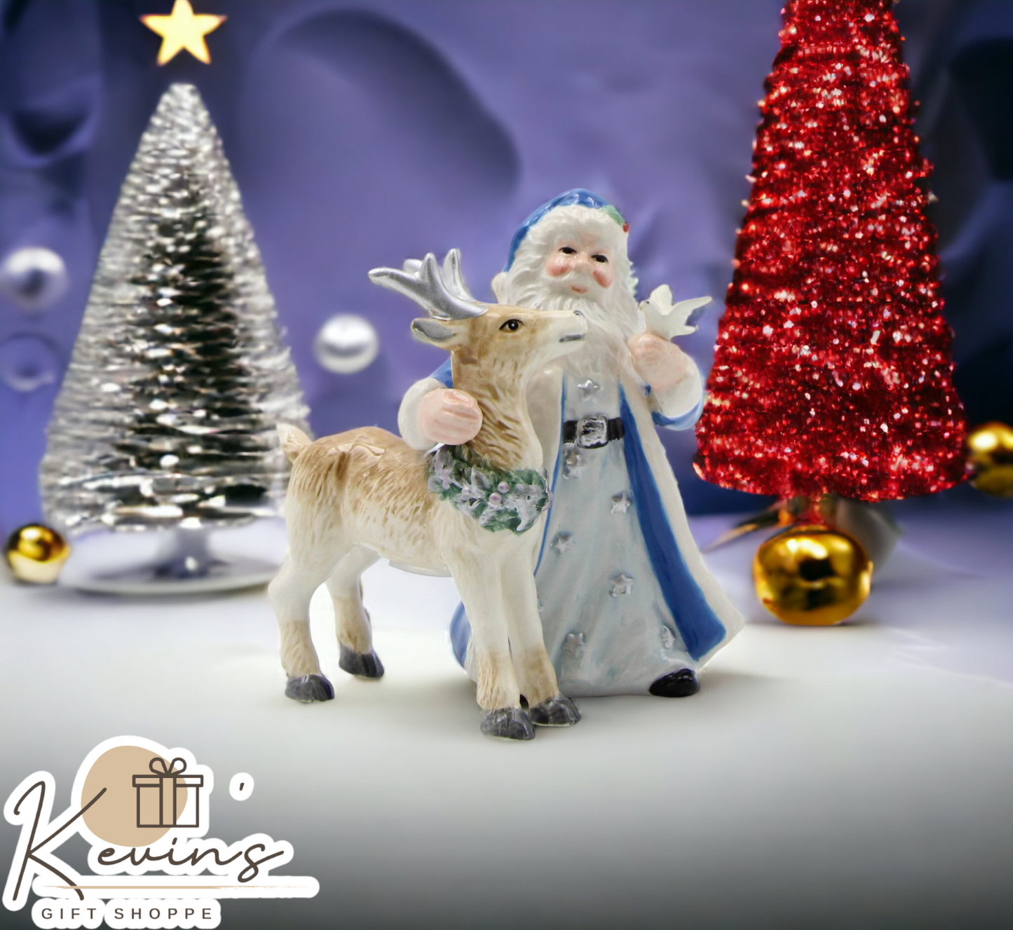 Ceramic Christmas Blue Santa Claus with Reindeer Salt and Pepper Shakers Home Décor Gift for Her Gift for Mom Kitchen