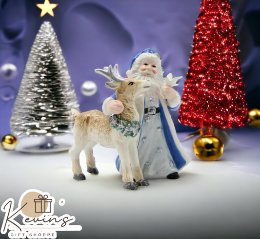 Ceramic Christmas Blue Santa Claus with Reindeer Salt and Pepper Shakers Home Décor Gift for Her Gift for Mom Kitchen