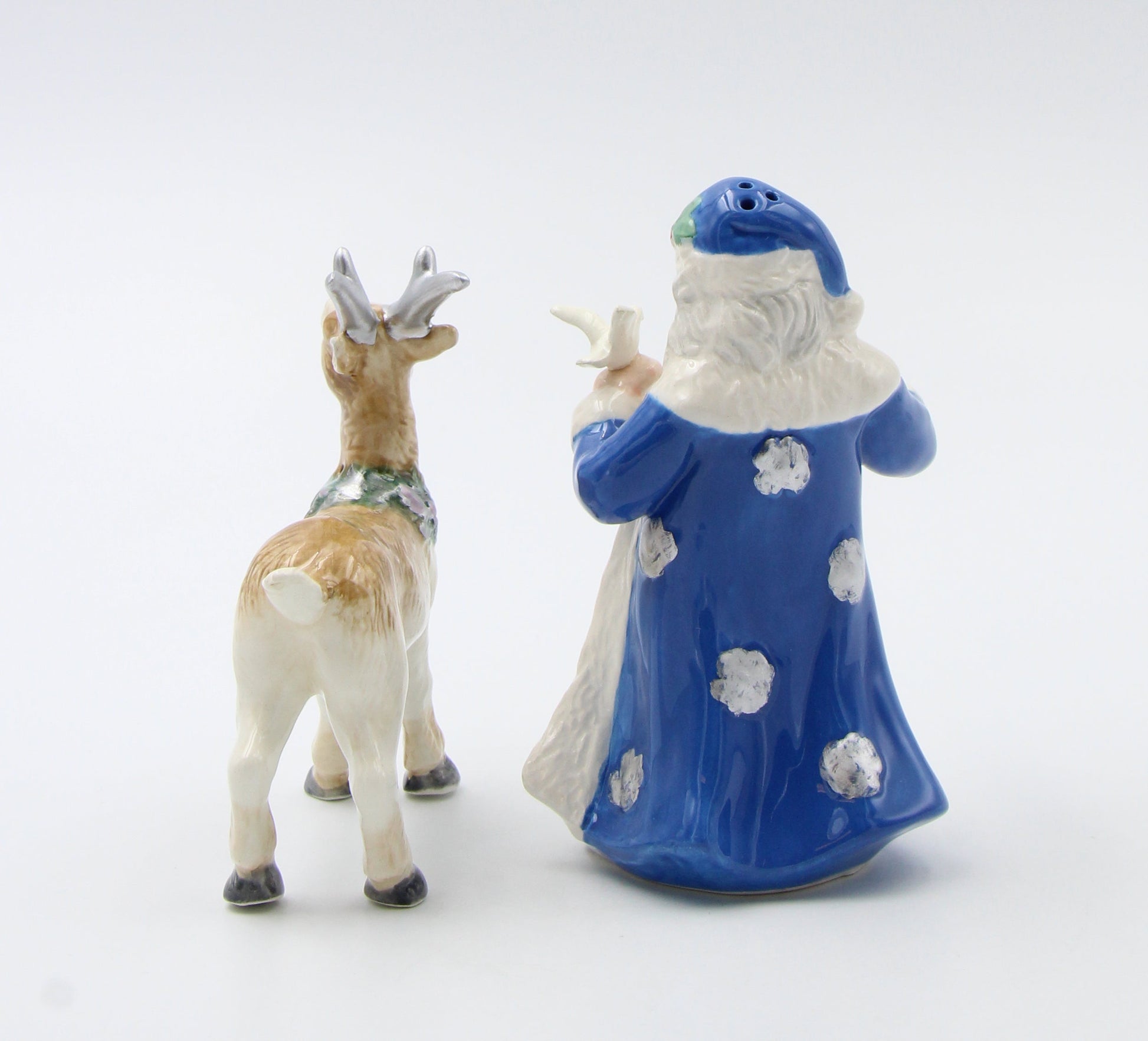 Ceramic Christmas Blue Santa Claus with Reindeer Salt and Pepper Shakers Home Décor Gift for Her Gift for Mom Kitchen