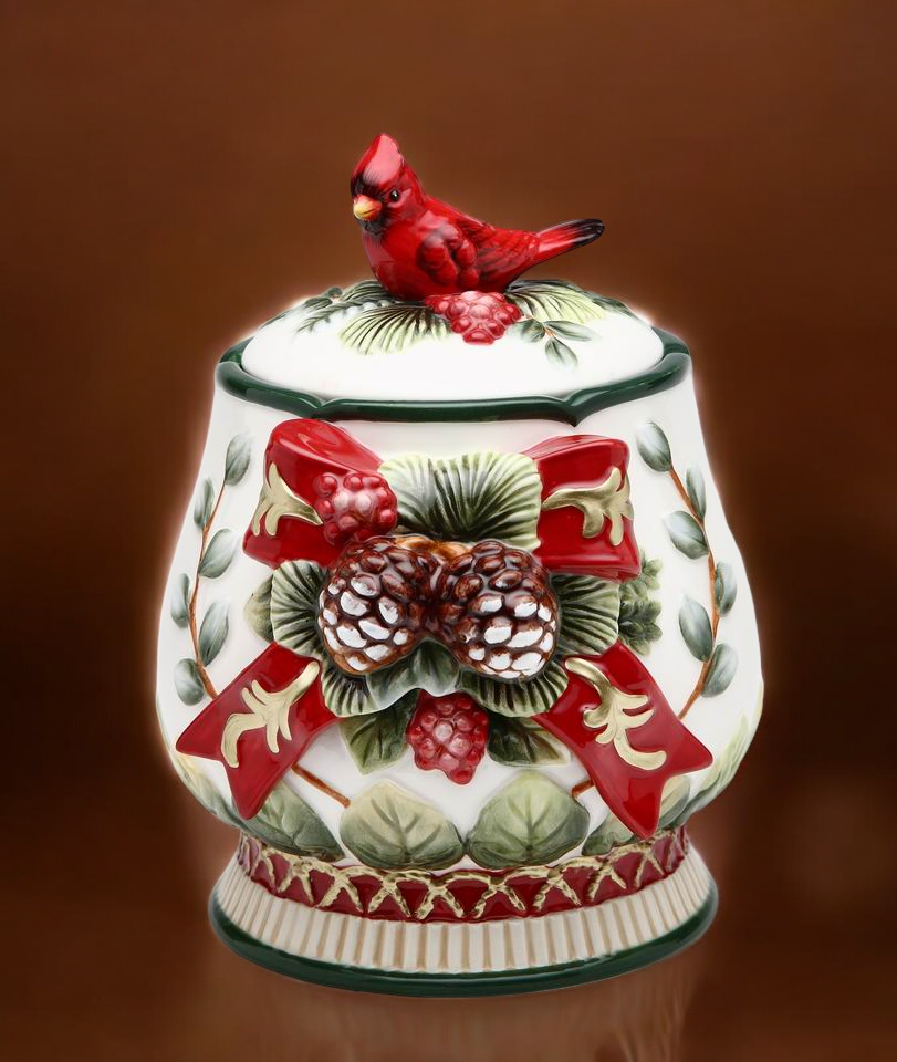 Ceramic Christmas Candy Jar with Cardinal Bird Christmas Decor - candy jar