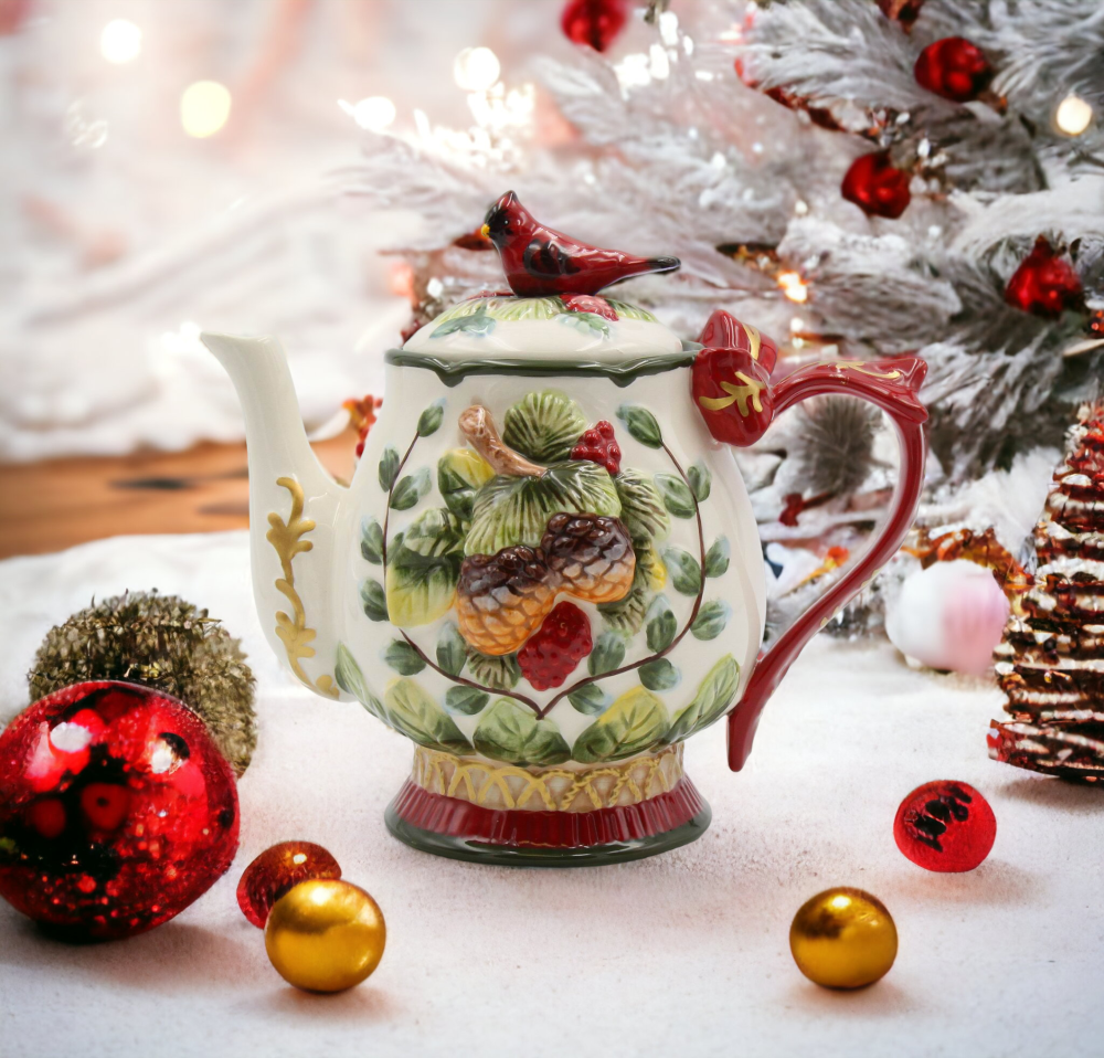 Ceramic Christmas Cardinal Bird Teapot Gift for Her Gift for Mom Birdwatcher Tea Party Décor Café Décor Christmas Décor