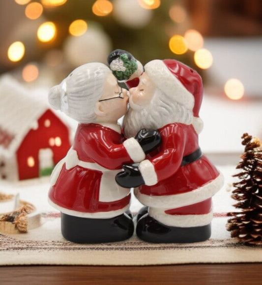 Ceramic Christmas Decor Kissing Santa and Mrs. Claus Salt And Pepper Shakers Home Décor Gift for Her Gift for Mom