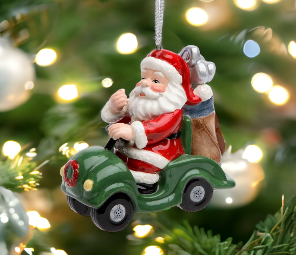 Ceramic Christmas Golf Cart Santa Ornament Home Décor Gift for Her Gift for Golfer Gift for Mom Kitchen Décor Christmas