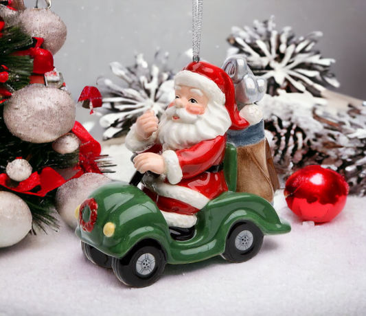 Ceramic Christmas Golf Cart Santa Ornament Home Décor Gift for Her Gift for Golfer Gift for Mom Kitchen Décor Christmas