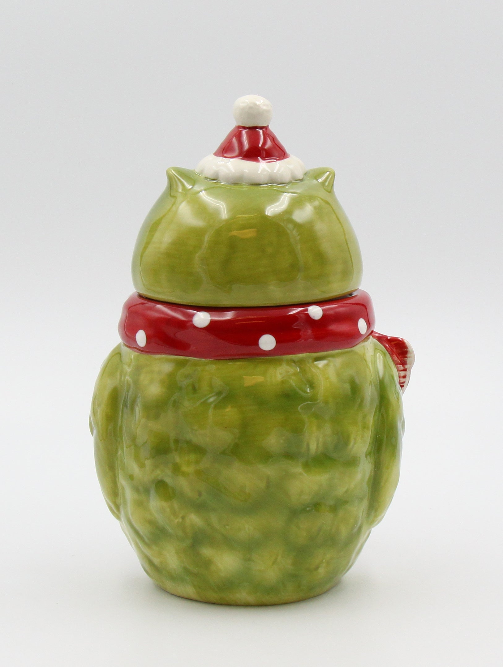 Ceramic Christmas Green Owl with Red Scarf Cookie Jar Home Décor Gift for Her Gift for Mom Kitchen Décor Birdwatcher
