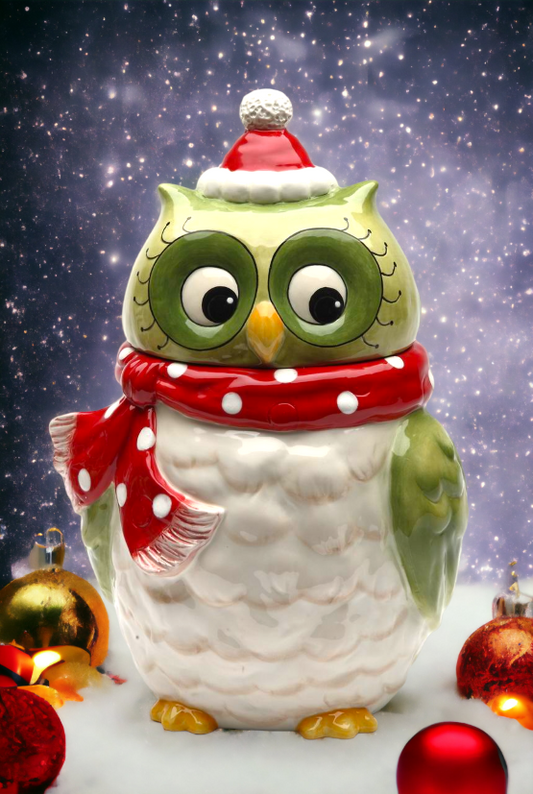 Ceramic Christmas Green Owl with Red Scarf Cookie Jar Home Décor Gift for Her Gift for Mom Kitchen Décor Birdwatcher