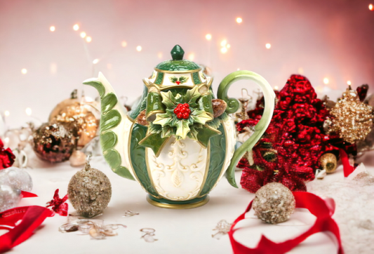 Ceramic Christmas Holly Teapot Gift for Her Gift for Mom Tea Party Décor Café Décor Christmas Décor - teapot