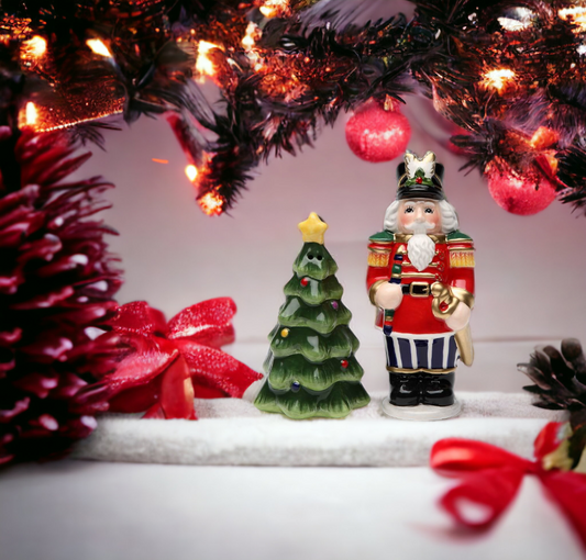Ceramic Christmas Nutcracker and Tree Salt & Pepper Home Décor Gift for Her Gift for Mom Kitchen Décor Christmas Décor