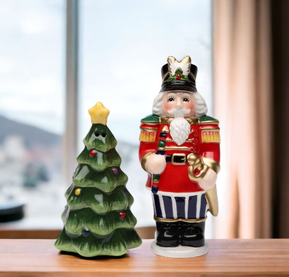 Ceramic Christmas Nutcracker and Tree Salt & Pepper Home Décor Gift for Her Gift for Mom Kitchen Décor Christmas Décor