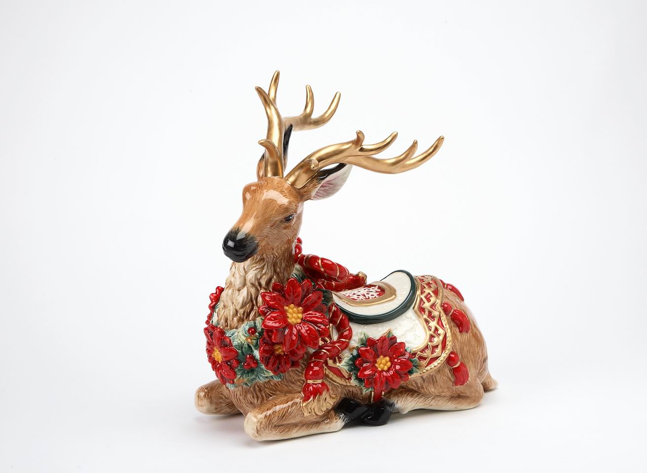 Ceramic Christmas Poinsettia Reindeer Figurine Home Décor Gift for Her Gift for Mom Kitchen Décor Christmas Décor
