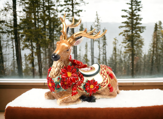 Ceramic Christmas Poinsettia Reindeer Figurine Home Décor Gift for Her Gift for Mom Kitchen Décor Christmas Décor