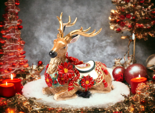 Ceramic Christmas Poinsettia Reindeer Figurine Home Décor Gift for Her Gift for Mom Kitchen Décor Christmas Décor