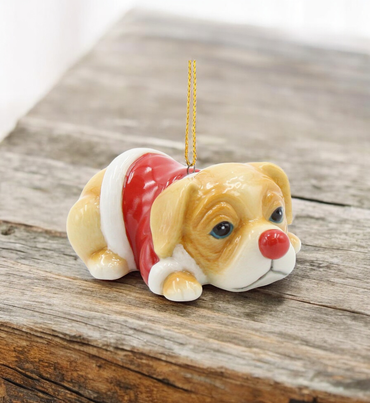 Ceramic Christmas Puppy in Red Coat Ornament Christmas Tree Decor Dog Lover Gift - Ornament