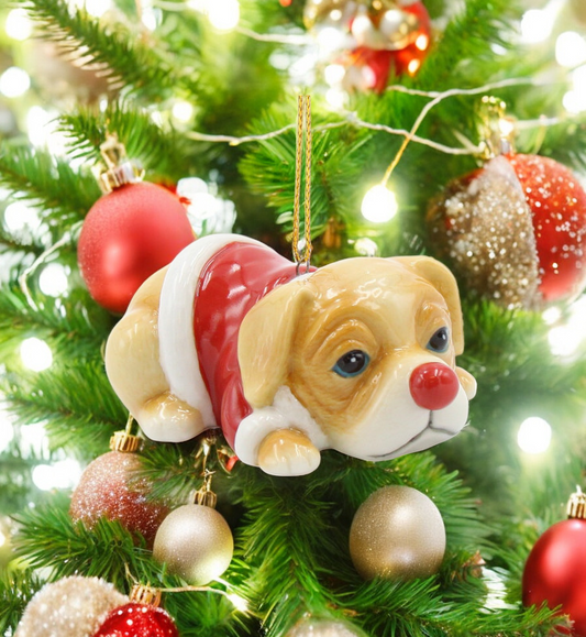 Ceramic Christmas Puppy in Red Coat Ornament Christmas Tree Decor Dog Lover Gift - Ornament