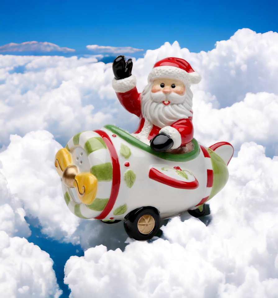 Ceramic Christmas Santa Flying Airplane Salt & Pepper Shakers Gift for Pilot Gift for Her Mom Kitchen Décor Christmas
