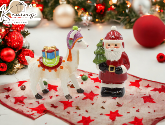 Ceramic Christmas Santa With Alpaca Salt And Pepper Shakers Home Décor Gift for Her Gift for Mom Kitchen Décor