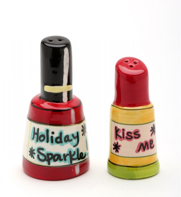 Ceramic Christmas Theme Nail Polish & Lipstick Salt and Pepper Shakers Christmas Decor Gift for Her - Salt & Pepper
