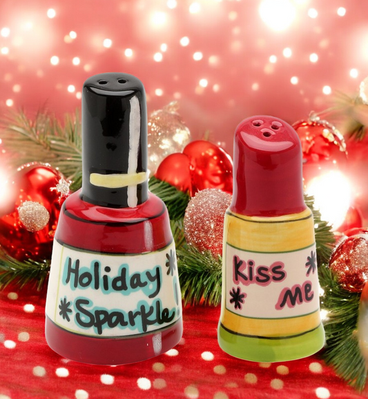 Ceramic Christmas Theme Nail Polish & Lipstick Salt and Pepper Shakers Christmas Decor Gift for Her - Salt & Pepper