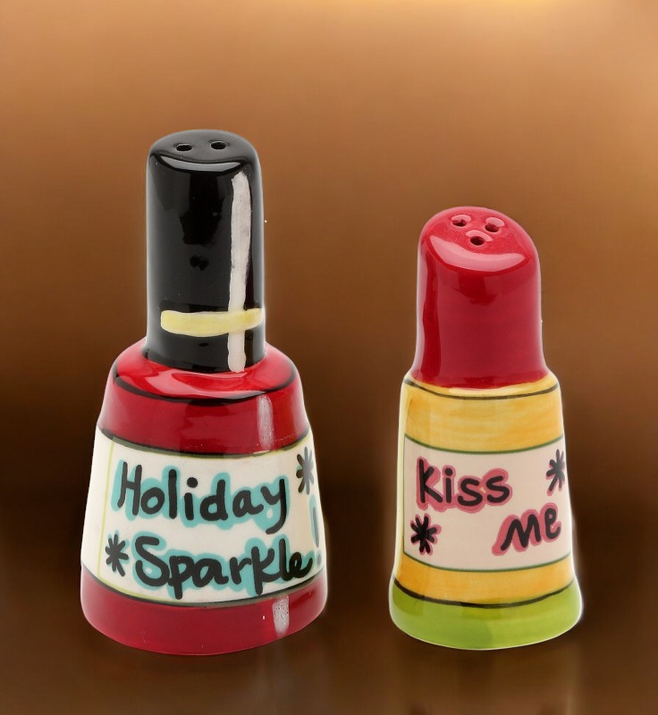 Ceramic Christmas Theme Nail Polish & Lipstick Salt and Pepper Shakers Christmas Decor Gift for Her - Salt & Pepper