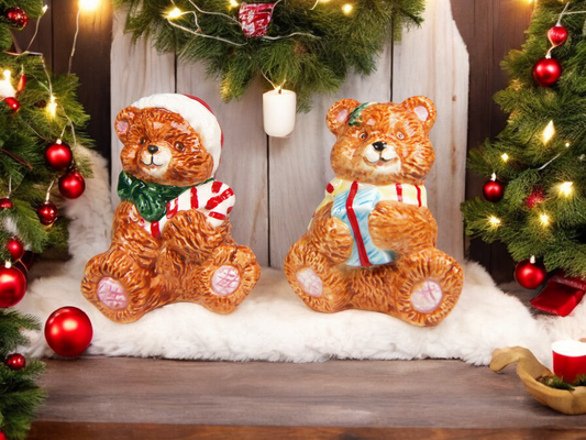 Ceramic Christmas Themed Vintage Teddy Bear Salt and Pepper Shakers Christmas Decor Gift for Her Gift for Mom - Salt &