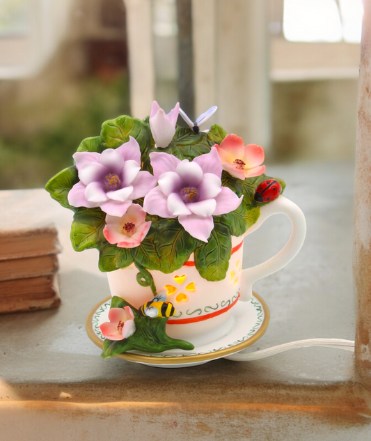 Ceramic Columbine Flower in Teacup Nightlight Home Decor Gift for Her Gift for Mom - Night Lights & Ambient Lighting