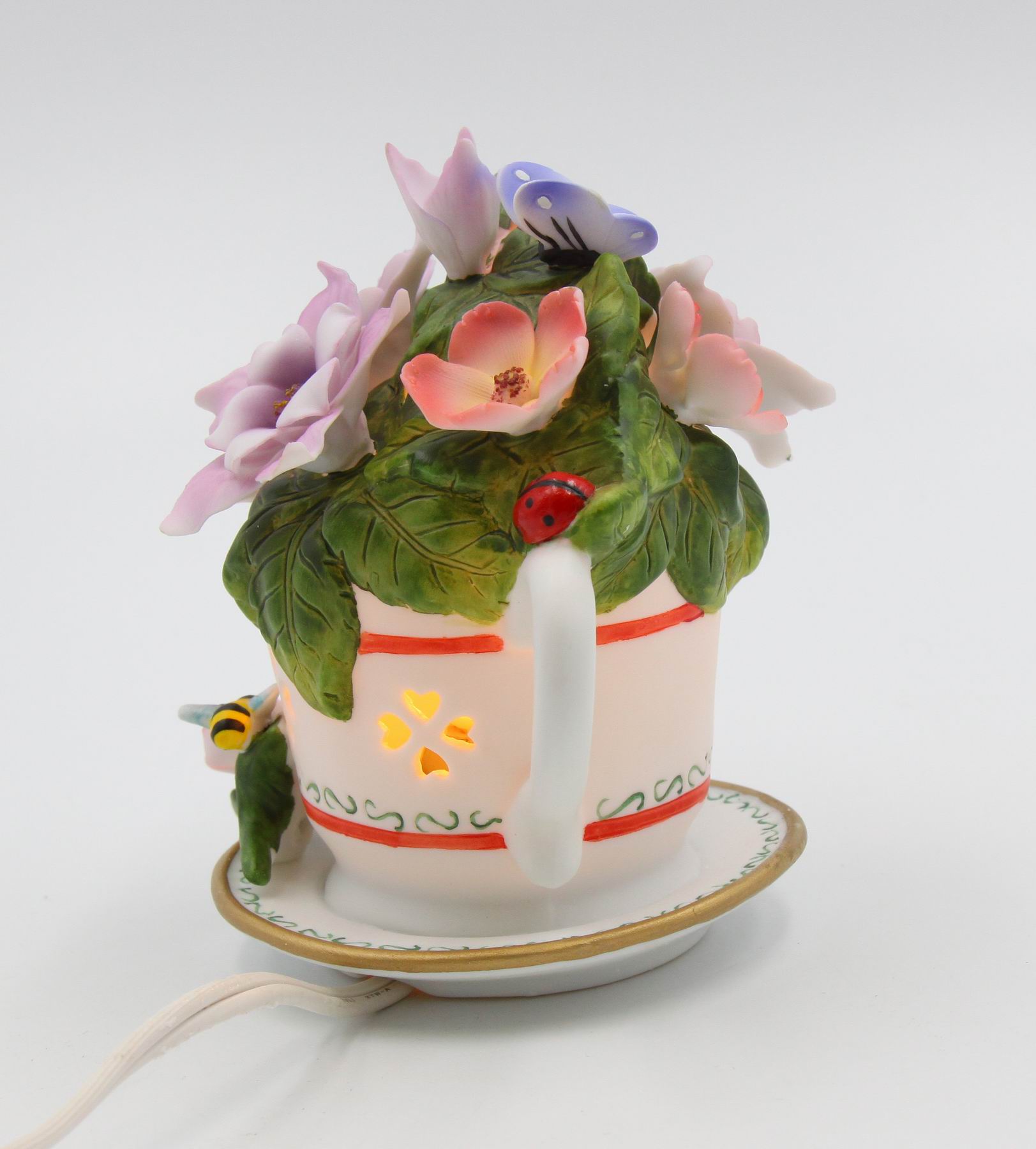 Ceramic Columbine Flower in Teacup Nightlight Home Decor Gift for Her Gift for Mom - Night Lights & Ambient Lighting