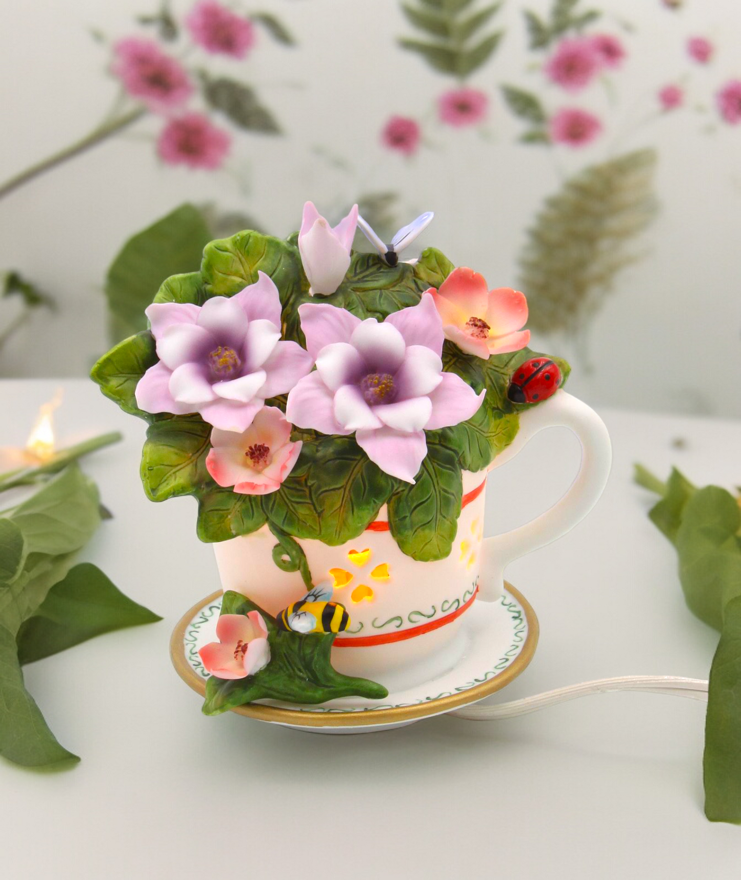 Ceramic Columbine Flower in Teacup Nightlight Home Decor Gift for Her Gift for Mom - Night Lights & Ambient Lighting