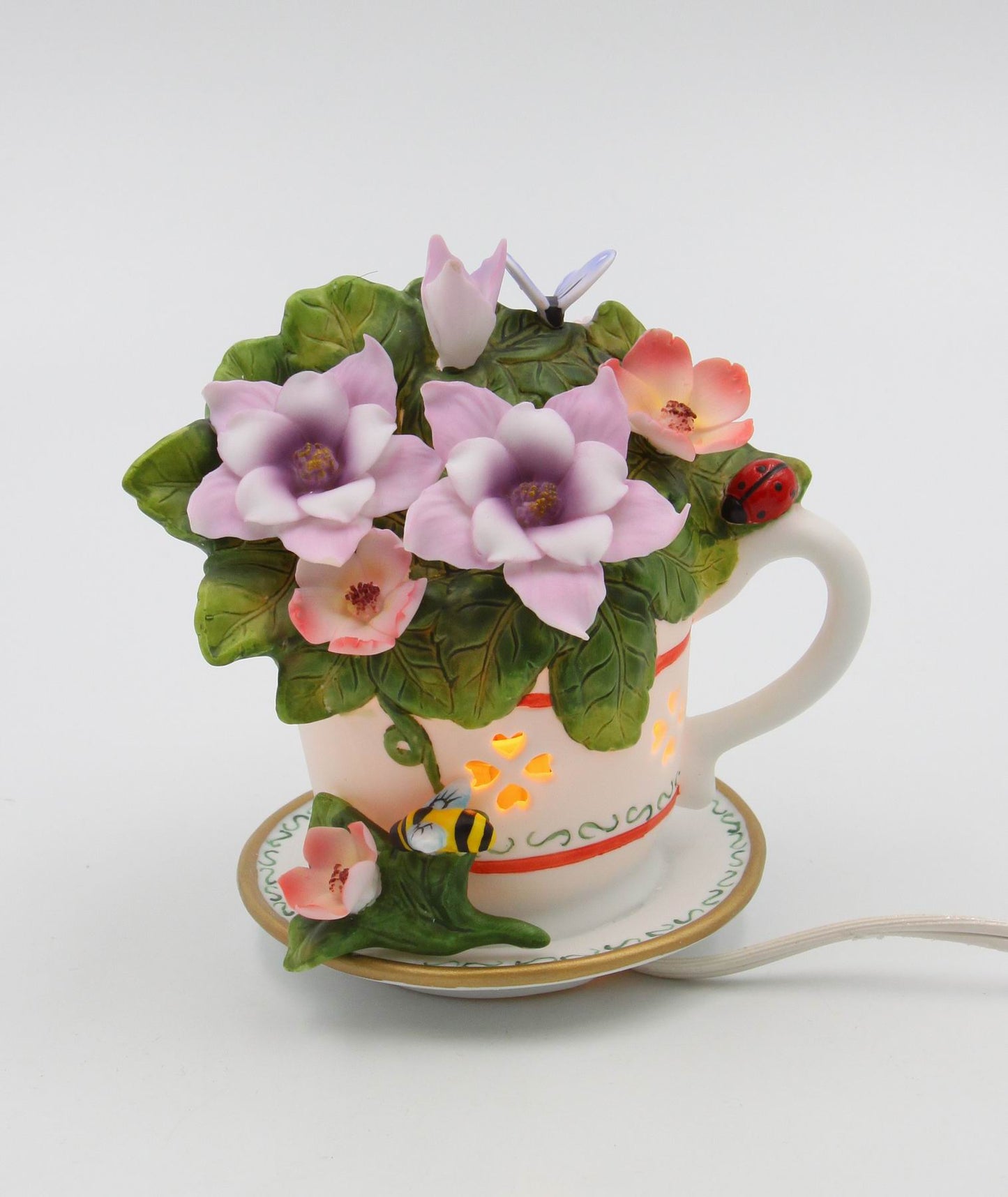 Ceramic Columbine Flower in Teacup Nightlight Home Decor Gift for Her Gift for Mom - Night Lights & Ambient Lighting