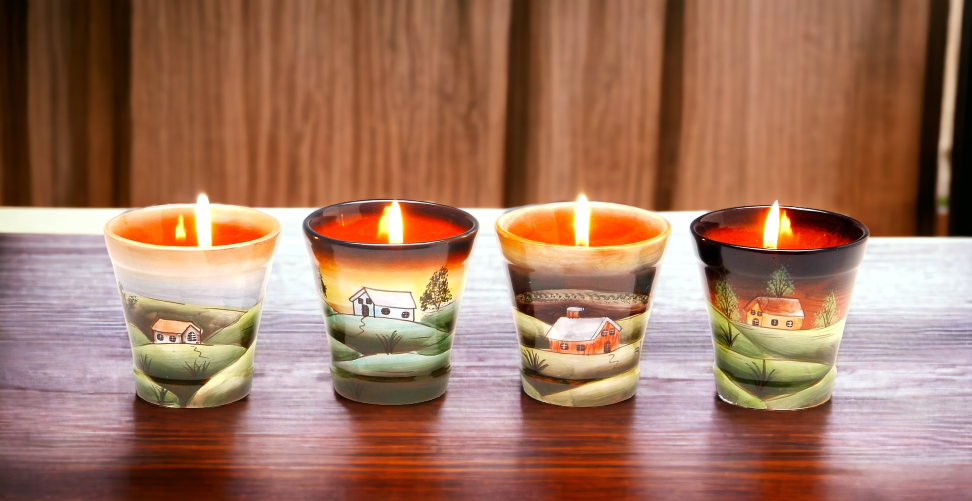Ceramic Country Scene Votive Cups-Assorted Set of 4 Gift for Her Gift for Mom Farmhouse Decor Kitchen Decor Bathroom