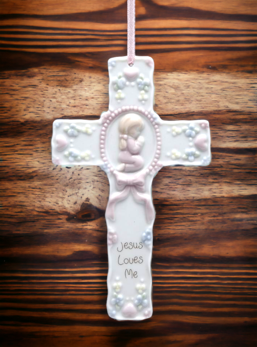 Ceramic Cross Girl With Pink Ribbon Wall Decor Religious Décor Religious Gift Church Décor Church Gift Baptism Gift