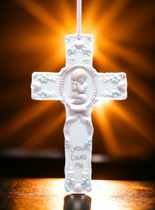 Ceramic Cross Girl With Pink Ribbon Wall Decor Religious Décor Religious Gift Church Décor Church Gift Baptism Gift