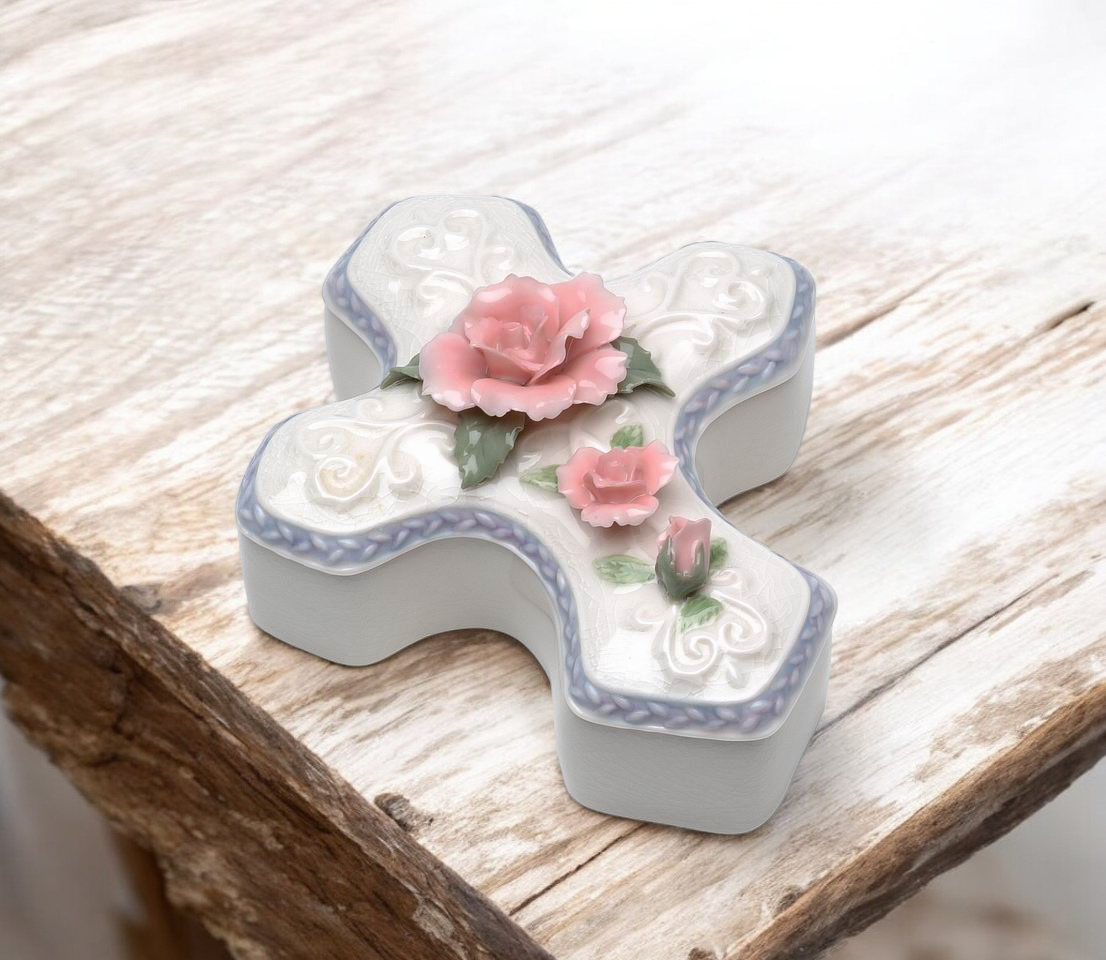 Ceramic Cross Shaped Jewelry Box with Pink Rose Flower Vanity Decor Religious Decor or Gift - jewelry box