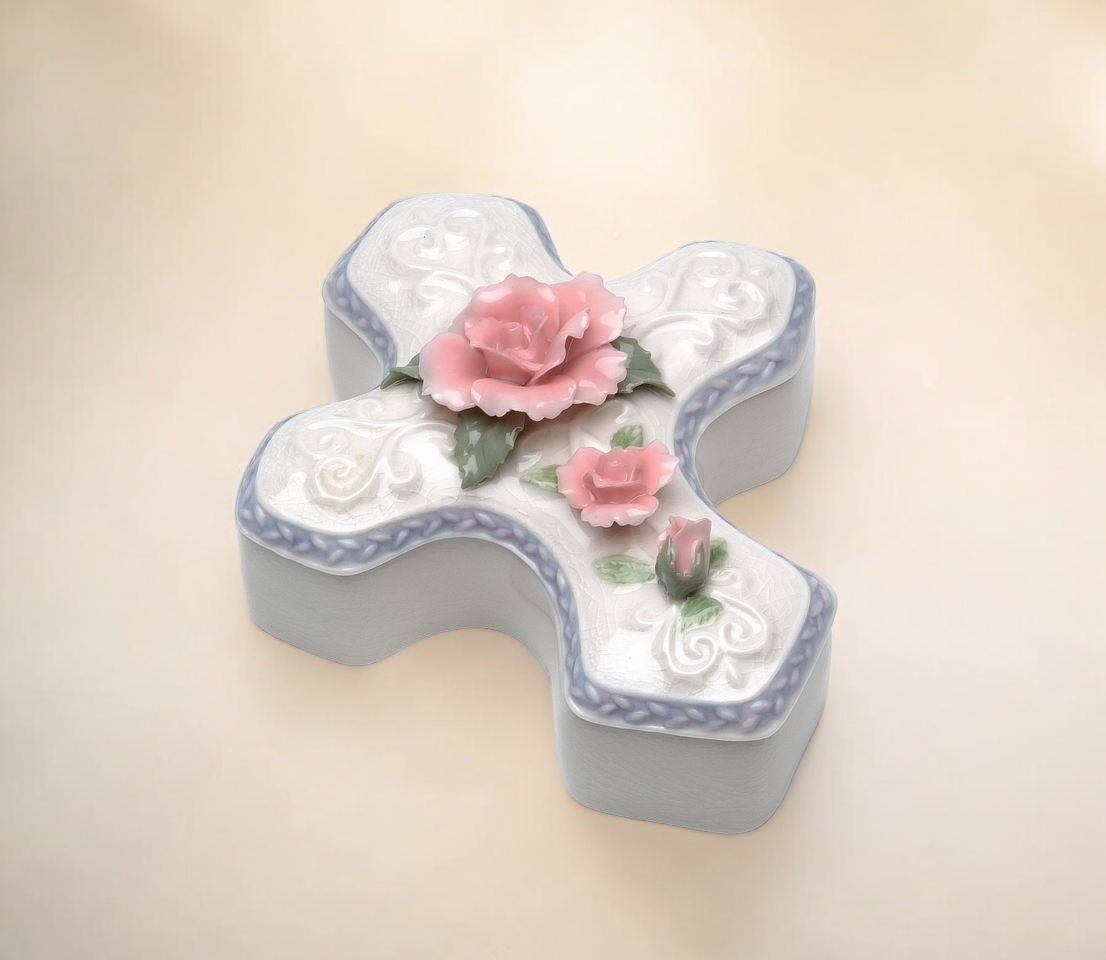 Ceramic Cross Shaped Jewelry Box with Pink Rose Flower Vanity Decor Religious Decor or Gift - jewelry box