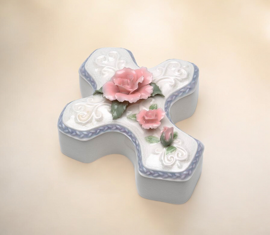Ceramic Cross Shaped Jewelry Box with Pink Rose Flower Vanity Decor Religious Decor or Gift - jewelry box