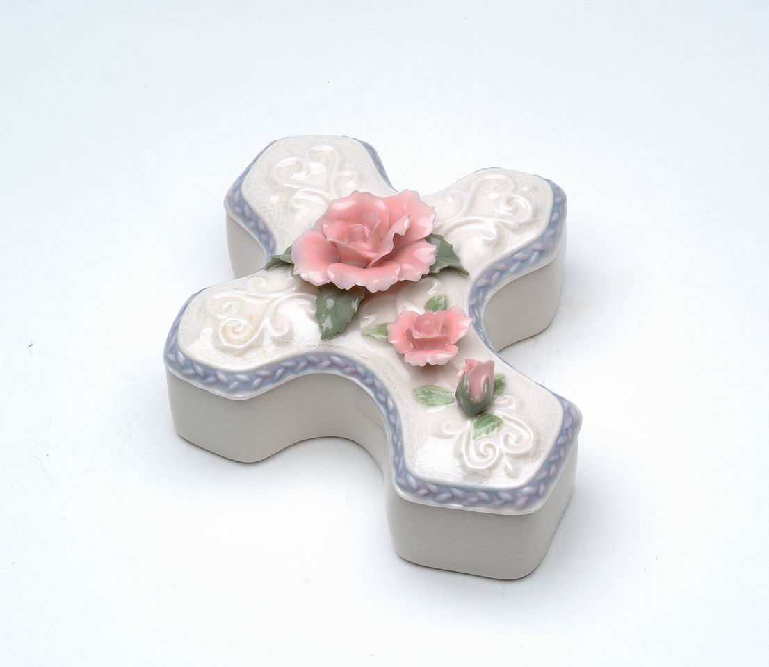 Ceramic Cross Shaped Jewelry Box with Pink Rose Flower Vanity Decor Religious Decor or Gift - jewelry box