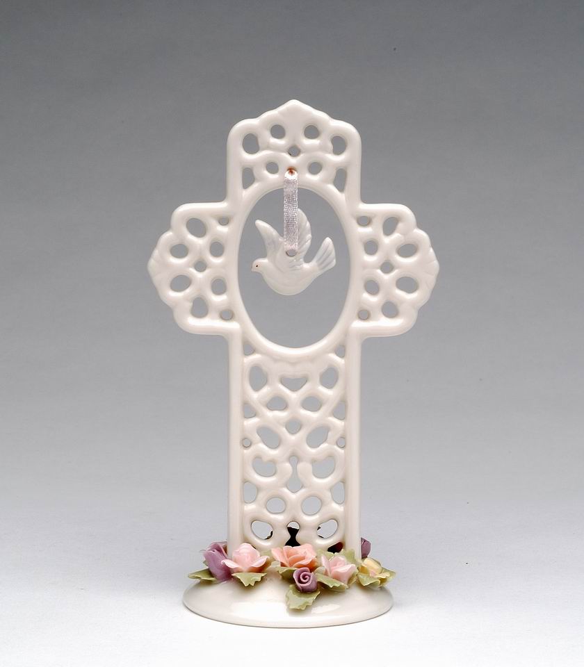 Ceramic Cross with Dove Bird and Flowers Figurine Christmas Décor Religious Décor Religious Gift Church Décor Baptism