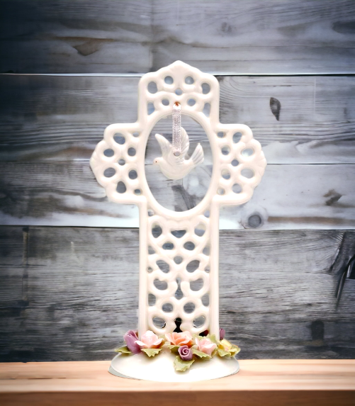 Ceramic Cross with Dove Bird and Flowers Figurine Christmas Décor Religious Décor Religious Gift Church Décor Baptism