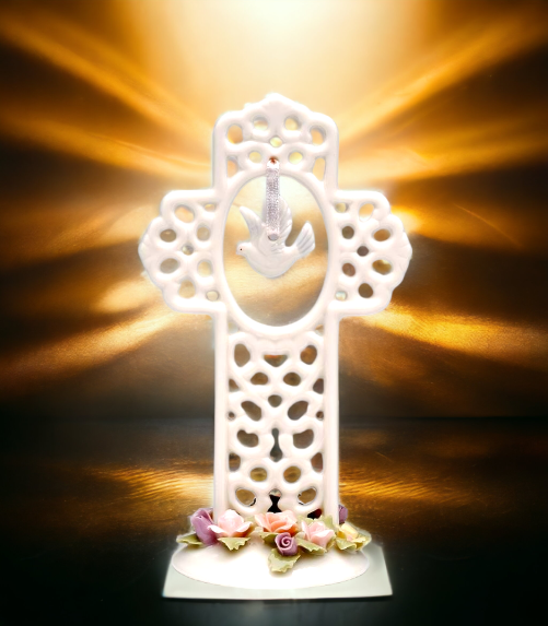 Ceramic Cross with Dove Bird and Flowers Figurine Christmas Décor Religious Décor Religious Gift Church Décor Baptism