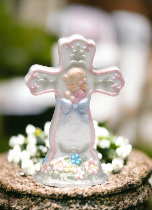 Ceramic Cross with Praying Girl Figurine Religious Décor Religious Gift Church Décor Baptism Gift - Figurines