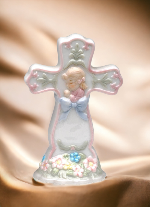 Ceramic Cross with Praying Girl Figurine Religious Décor Religious Gift Church Décor Baptism Gift - Figurines