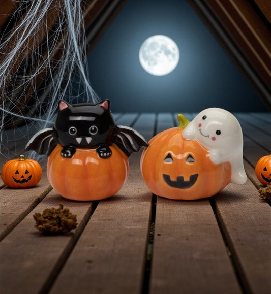 Ceramic Cute Bat and Ghost on Pumpkins Salt and Pepper Shakers Gift for Her Gift for Mom Kitchen Décor Fall Décor