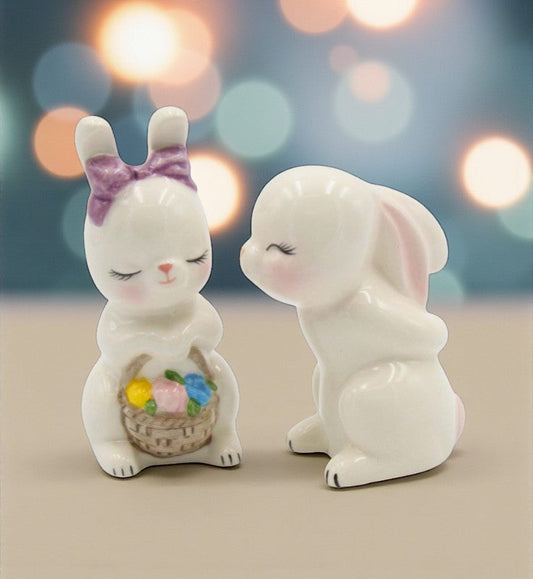 Ceramic Cute Easter Bunny Rabbit Couple Salt and Pepper Shakers Home Décor Gift for Her or Mom Kitchen Décor Spring