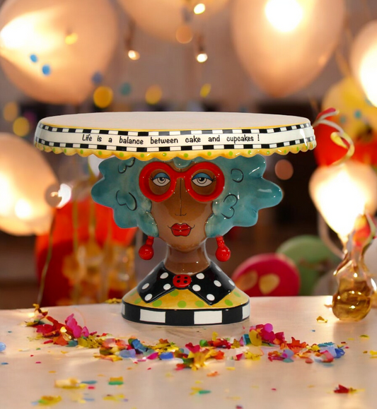 Ceramic Dollymama African American Blue Hair Lady Cake Stand Party Decor Gift for Her Cupcake Stand Birthday Cake Stand