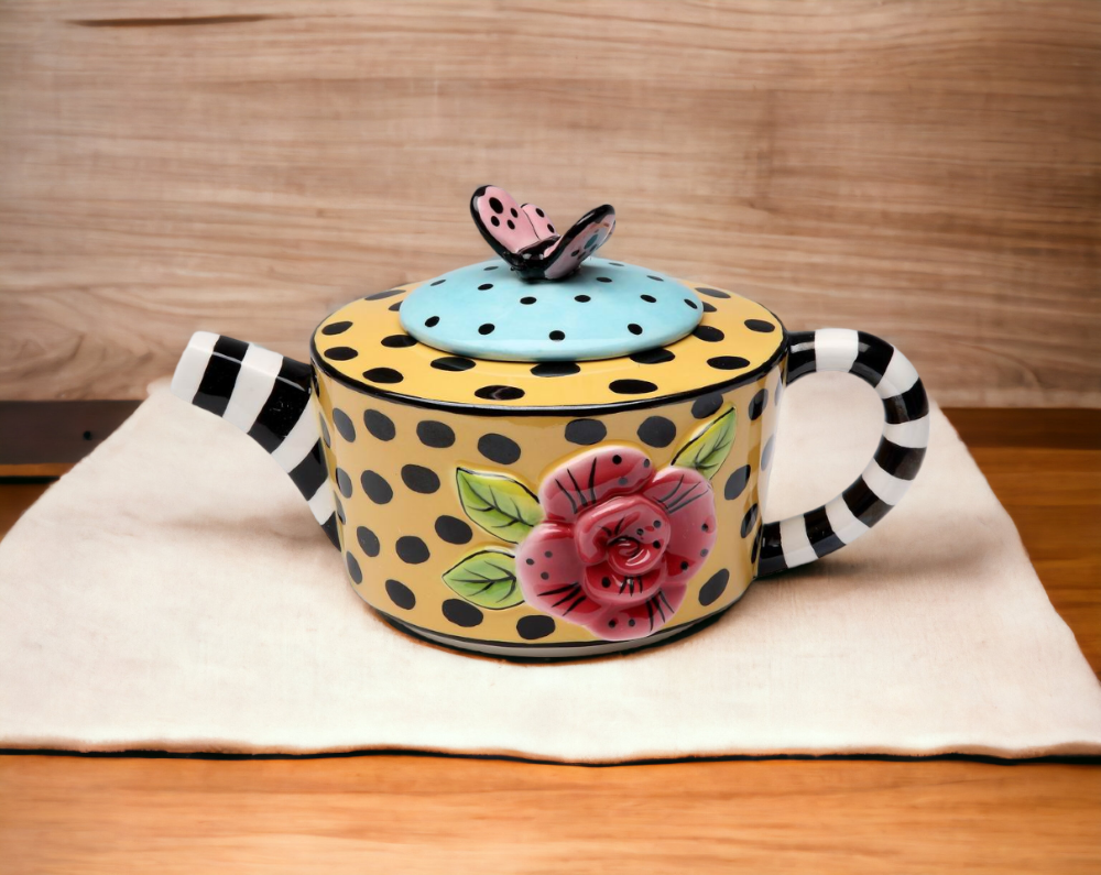 Ceramic Dotted and Striped Yellow Teapot Gift for Her Gift for Mom Kitchen Décor Tea Party Décor Café Décor Kitchen