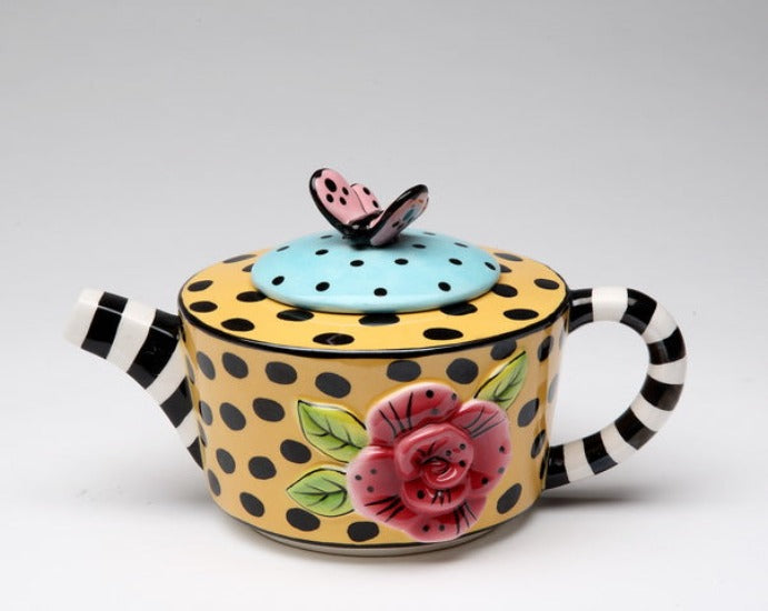 Ceramic Dotted and Striped Yellow Teapot Gift for Her Gift for Mom Kitchen Décor Tea Party Décor Café Décor Kitchen