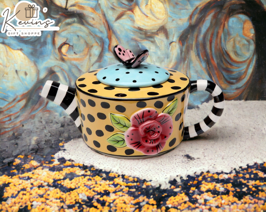 Ceramic Dotted and Striped Yellow Teapot Gift for Her Gift for Mom Kitchen Décor Tea Party Décor Café Décor Kitchen