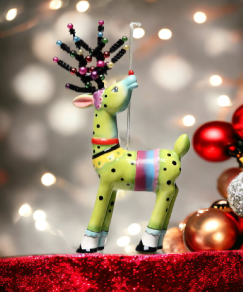 Ceramic Dotted Deer In Green with Beaded Antlers Ornament - Home Décor Gift for Her Gift for Mom Kitchen Décor