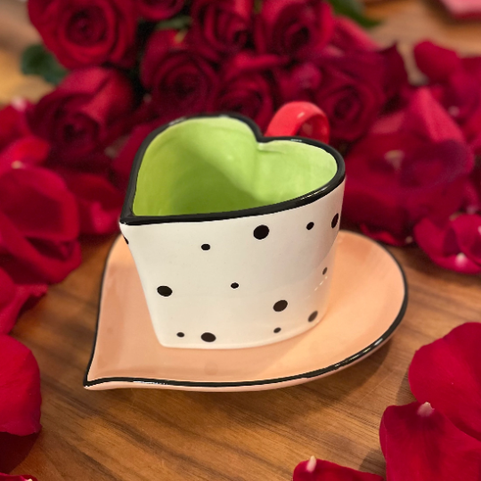 Ceramic Dotted Heart Shaped Cup & Saucer Gift for Her Gift for Mom Gift for Friend or Coworker Tea Party Décor Café